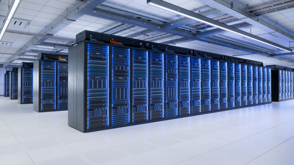 Supercomputer and Advanced Cloud Computing Concept. Inside Large Bright Working Data Center with Rows of Server Racks. Artificial Intelligence Training Cluster.
