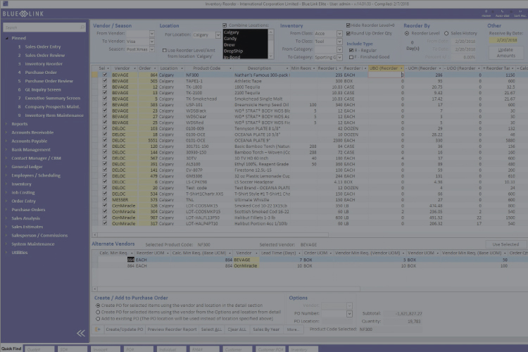 Blue Link ERP Inventory Reorder Screen